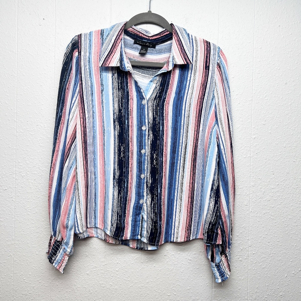 A Love Story Painter Shirt Womens XL Puff Sleeve Boxy Art Button Front Relaxed